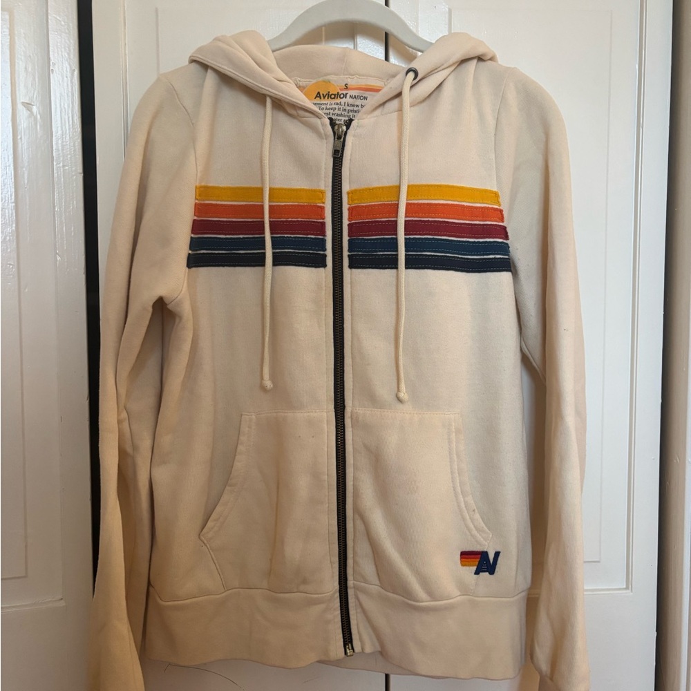 Aviator Nation 5 Stripe Hoodie in Vintage White